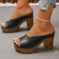 Black peep-toe platform mules showing rounded toe cutout, block heel, and beaded ankle strap