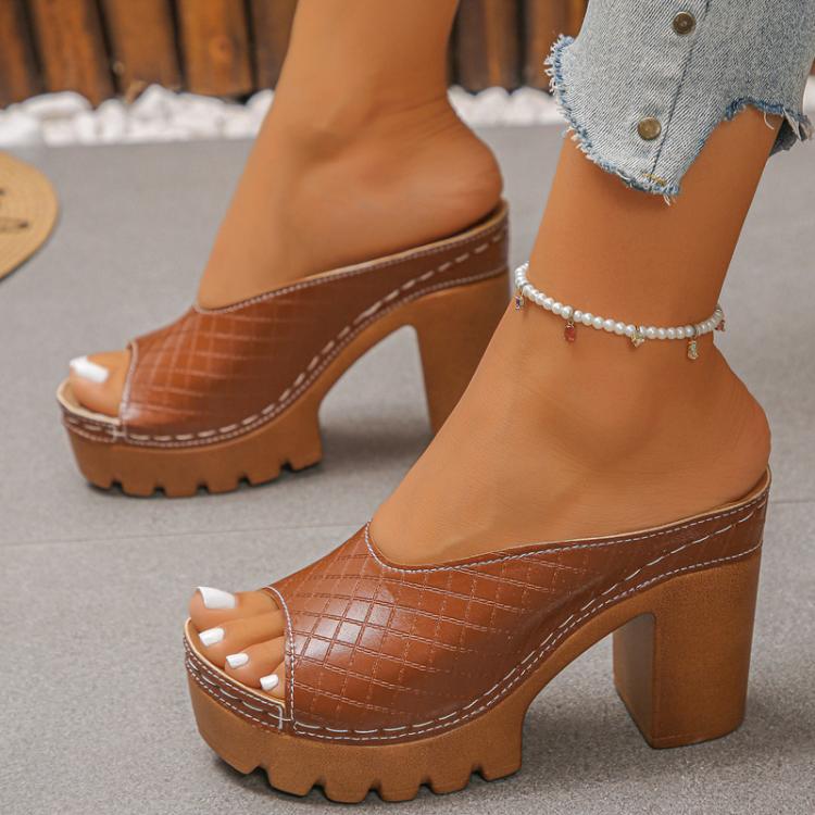 Brown peep-toe slide mule sandals with chunky platform and high block heel
