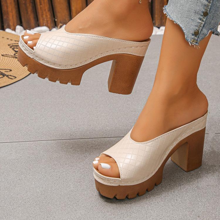 White peep-toe platform mules with chunky block heel, open front design