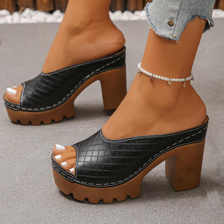 Black peep-toe chunky platform mules with high block heel and beaded ankle strap