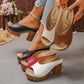 Mixed-color peep-toe platform mule sandals with chunky block heels and textured uppers