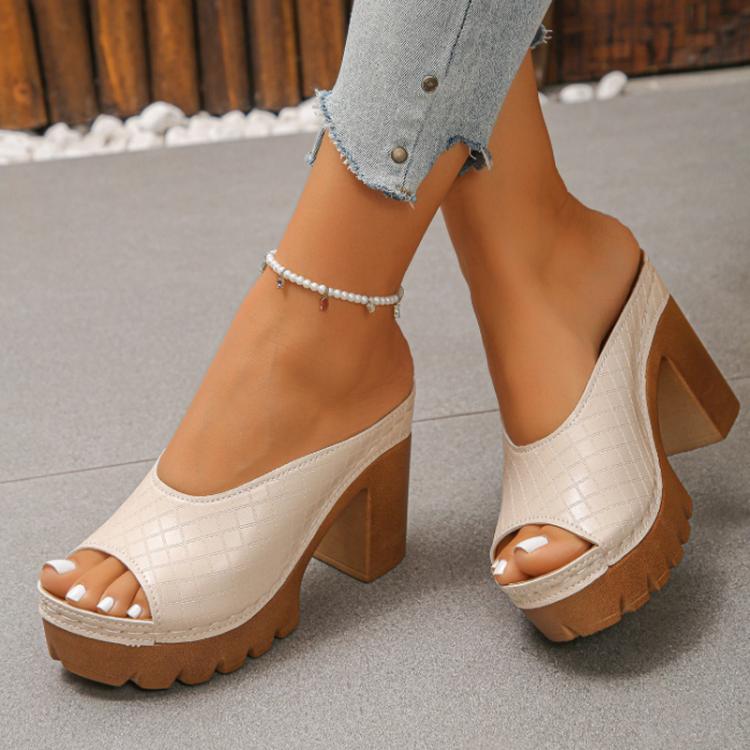 Ivory peep-toe platform mule sandals with chunky block heels and textured upper