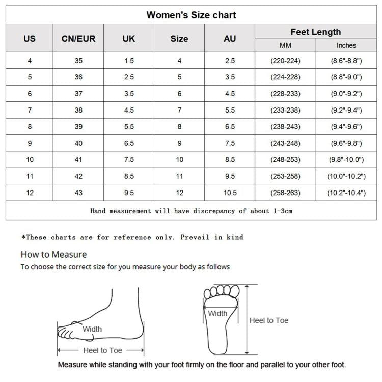 Women’s size chart table with US, CN/EUR, UK, and feet length measurements