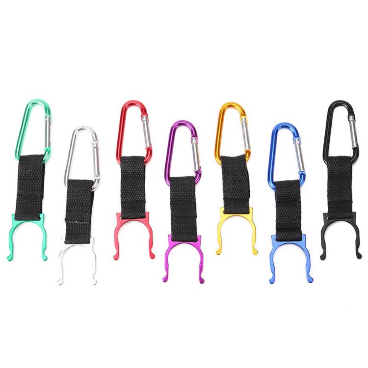 Set of colorful metal bottle holder clips with black straps and spring hooks