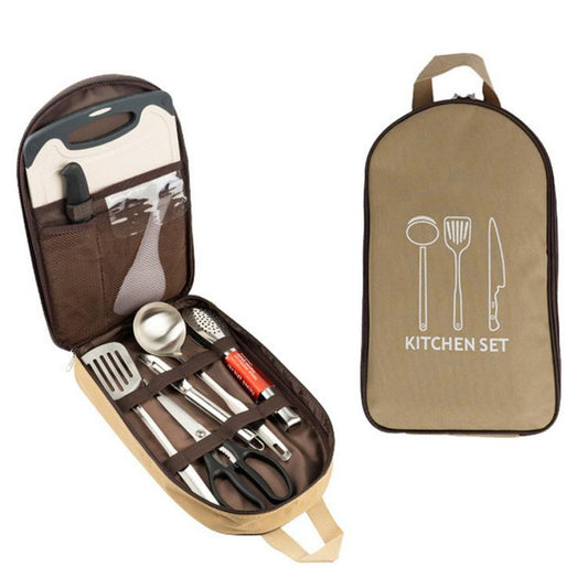 Camping utensil set in fabric roll-up case with brown utensils and pocket organizers