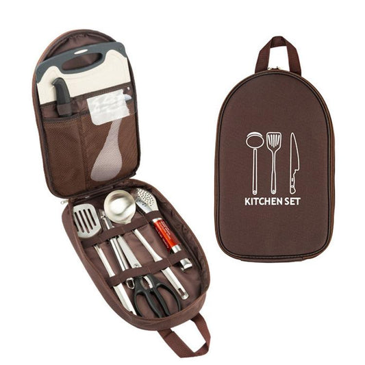 Camping utensil set in brown fabric case with stainless tools and utensil slots