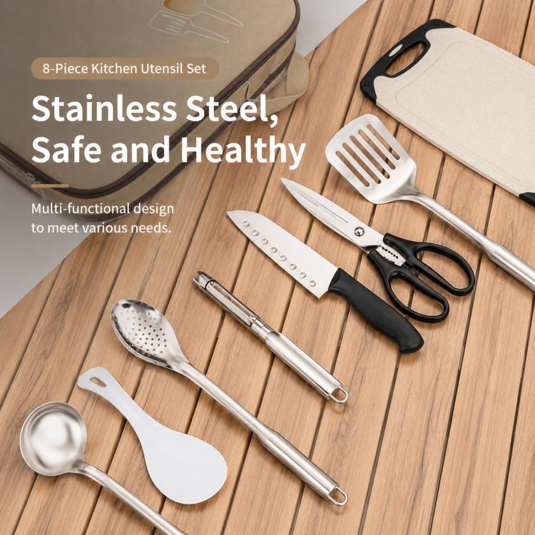 8 PCS/Pack AOTU AT6413 Camping Cookware Utensils Set Portable Stainless Steel Cooking Tools With Case