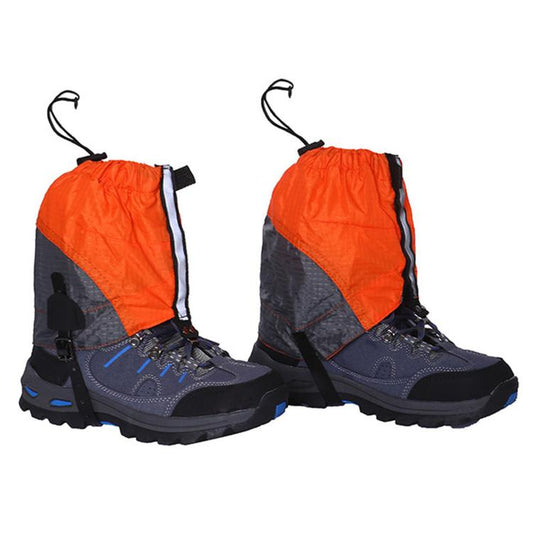 Orange and dark blue waterproof boot shoe covers with drawstring tops and straps