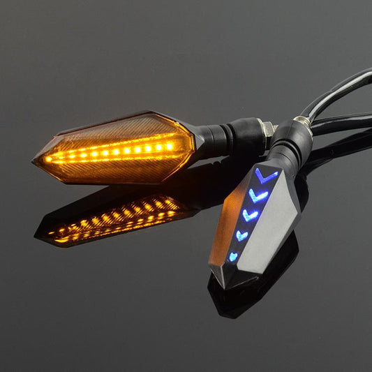 1 Pair Sequential LED Motorcycle Turn Signals with Arrow DRL Dual-Sided Flowing Amber Indicator Blinkers Light