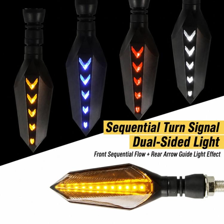 Motorcycle LED turn signal pair showing dual-sided arrow indicators in multiple colors