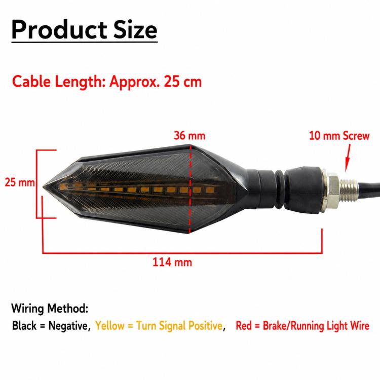 Motorcycle LED turn signal size view with amber lens and mounting screw area diagram