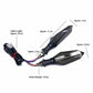 Motorcycle LED turn signal with cable harness, screw size callouts and measurement diagram