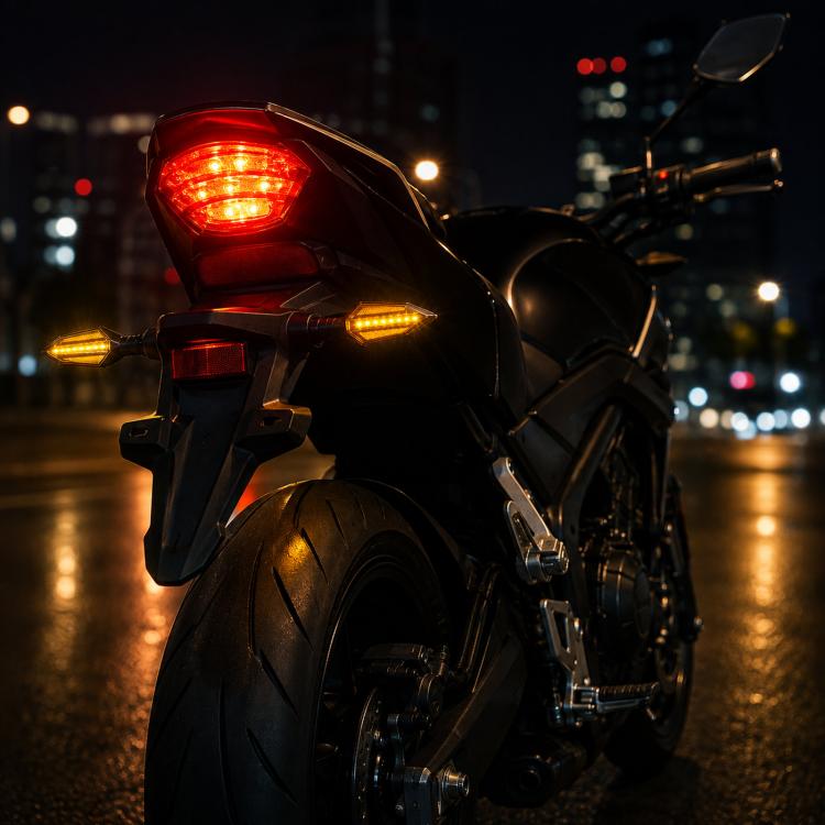 Motorcycle rear LED turn signals glowing red and amber on the bike