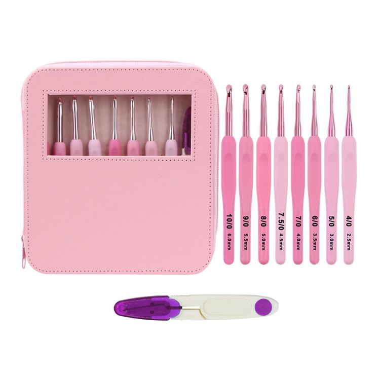 Pink crochet hook set with soft plastic handles, aluminum hooks, in storage case