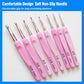 Assorted crochet hooks with pink soft grips and labeled aluminum shafts, assorted sizes