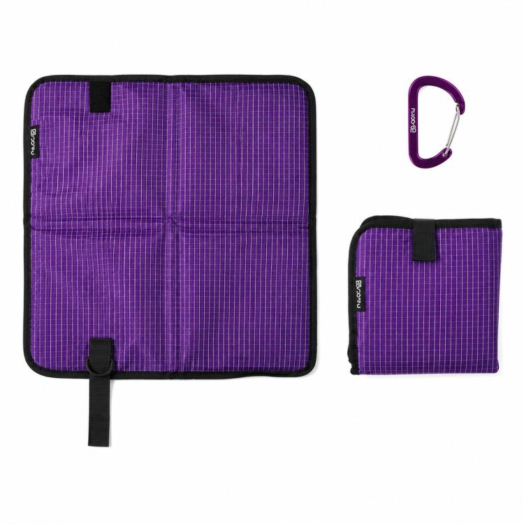 Purple foldable camping seat pad with carabiner, square foam mat with carrying tab