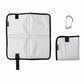 White foldable camping seat pad with carabiner, square foam mat with carrying tab