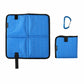 Blue foldable camping seat pad with carabiner, square foam mat with carrying tab