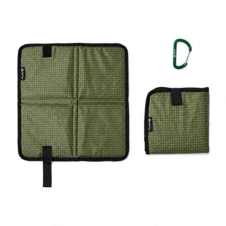 Army green foldable camping seat pad with carabiner, square foam mat with carrying tab