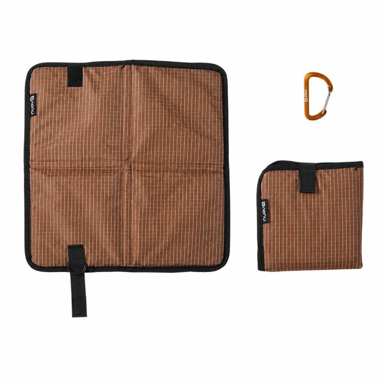 Brown foldable camping seat pad with carabiner, square foam mat with carrying tab
