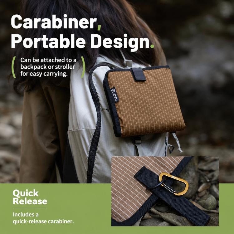 Brown foldable camping seat pad with carabiner and carry strap