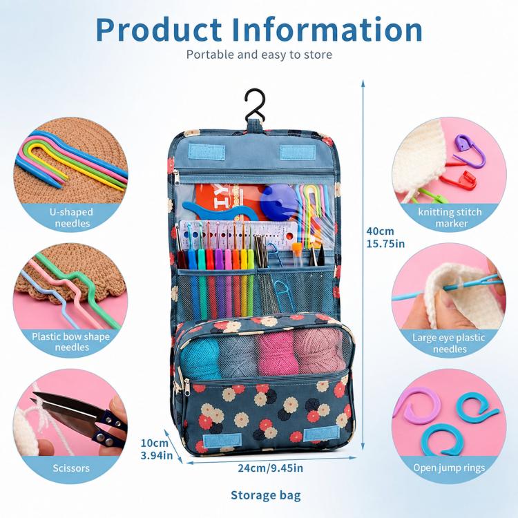 Crochet kit storage bag with hanging hook and colorful yarn, needles, and stitch markers