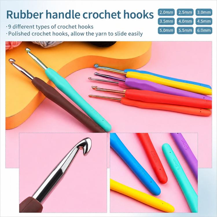 Rubber-handle crochet hooks set with multiple colored hooks and metal hook tips