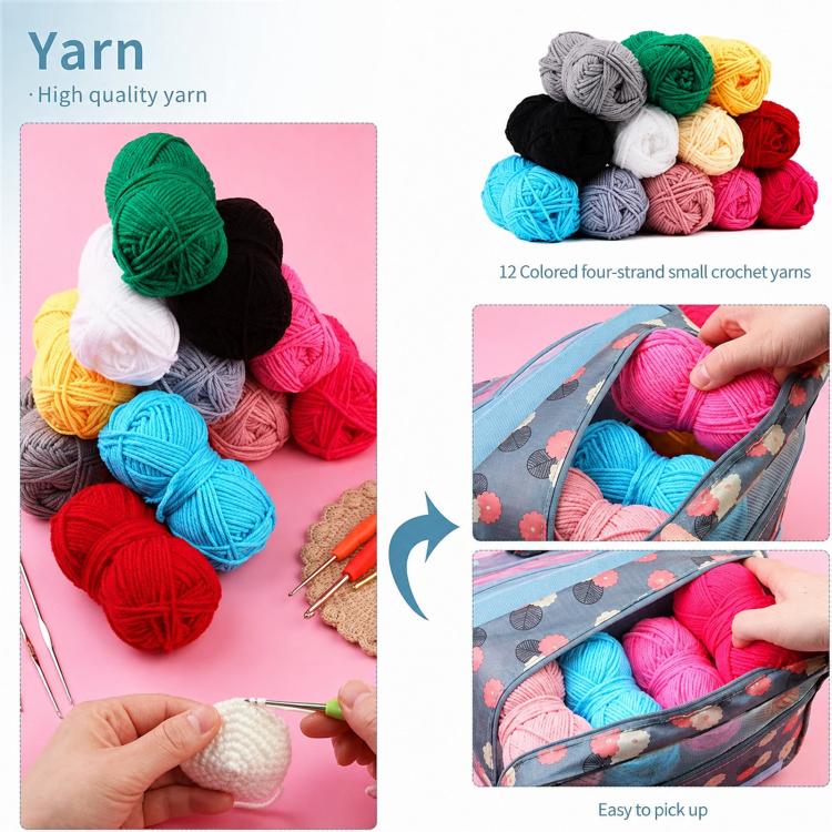 Small crochet yarn balls in multiple colors with hooks and floral storage bag