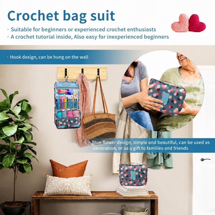 Crochet storage bag for hooks and yarn, shown hanging as an organizer kit