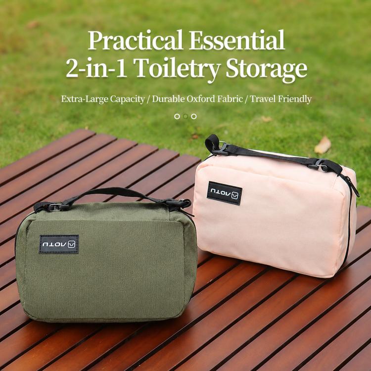 Hanging toiletry bags in army green and pink on a bench