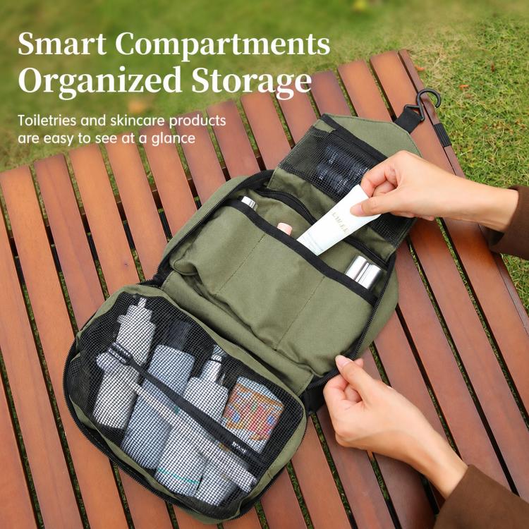 Green toiletry organizer bag with multiple compartments and mesh pockets