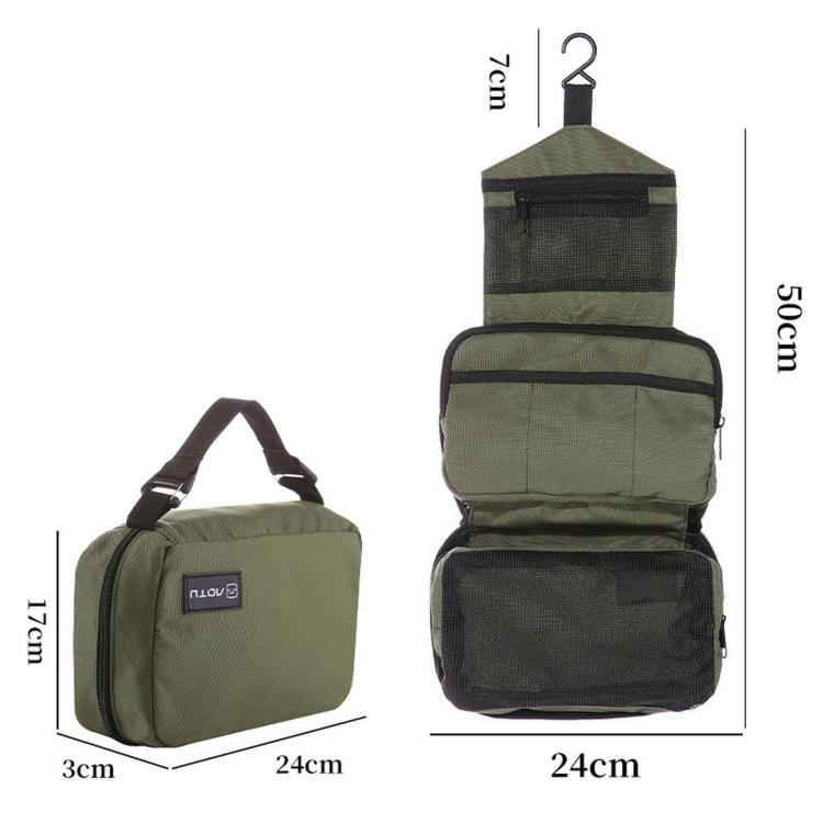 Army green hanging toiletry bag with size dimensions shown