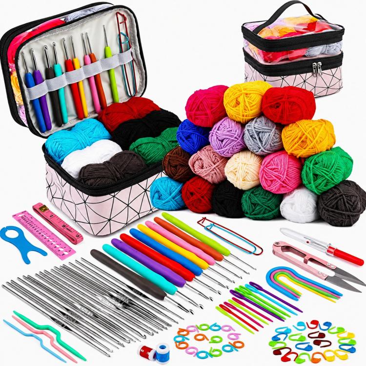 Crochet kit storage bag with multicolor yarn balls and assorted crochet hooks