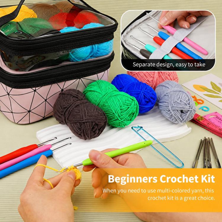 Dual-layer crochet storage bag with colorful yarn balls and crochet hooks