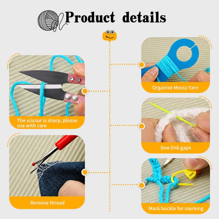 Crochet accessory set with scissors, seam ripper, stitch marker, and yarn tools