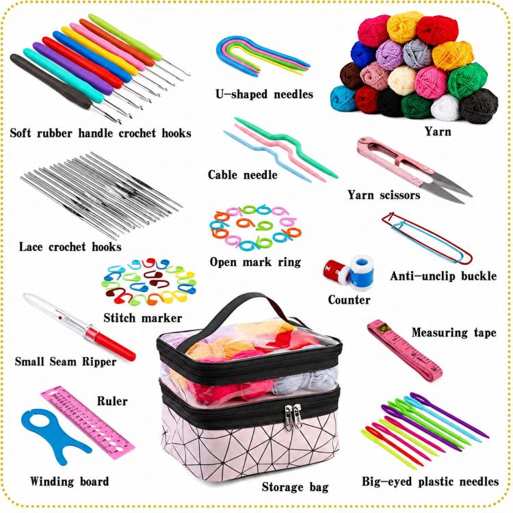Crochet kit items laid out: yarn, hooks, needles, tape measure, and storage bag