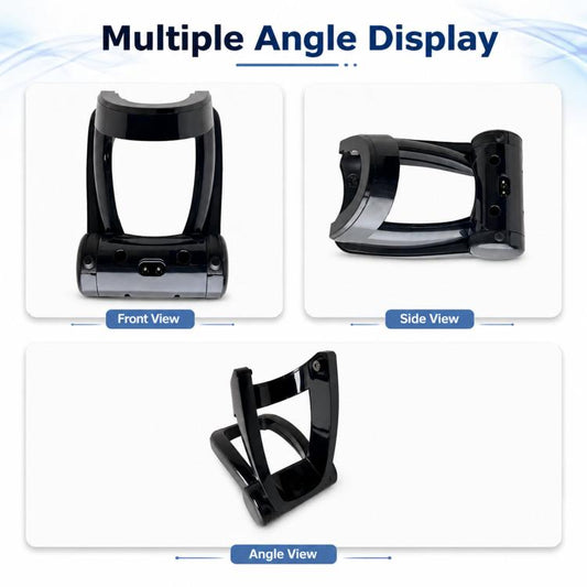 Black charging dock shown from front, side, and angled views with 2-pin port