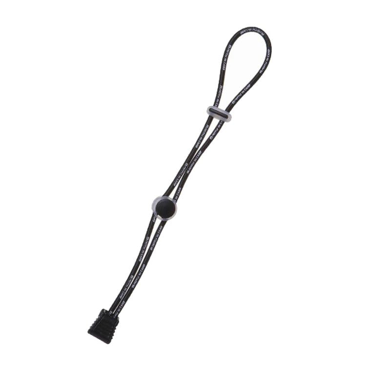 Black elastic bungee tie-down strap with loop handle and snap end clip for backpacks
