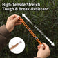 Orange elastic bungee tie-down strap being stretched between hands