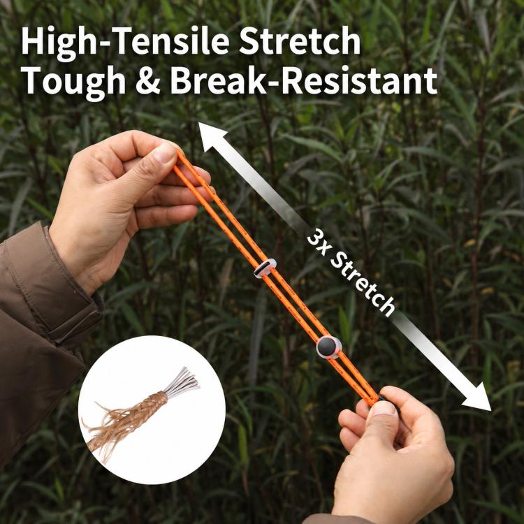 Orange elastic bungee tie-down strap being stretched between hands