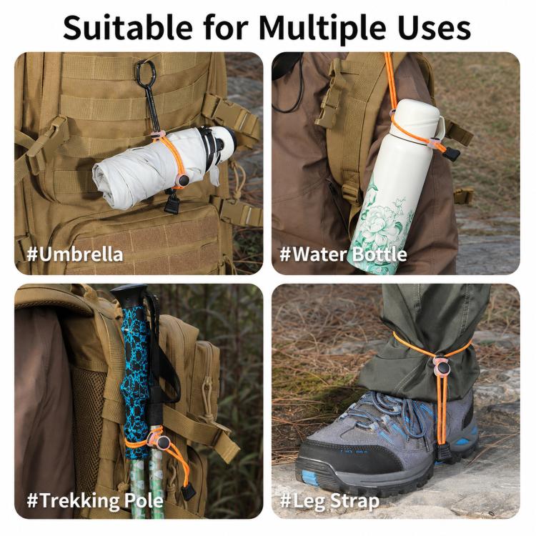 Elastic tie-down strap shown on outdoor items like umbrella, water bottle, and trekking pole