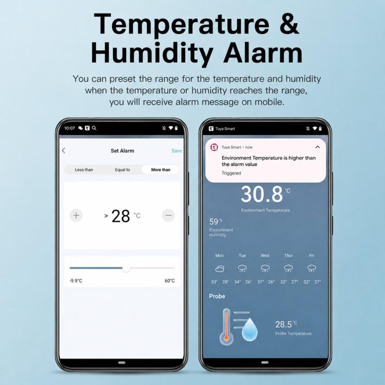 Smart temperature and humidity monitor with alarm settings shown on smartphone app