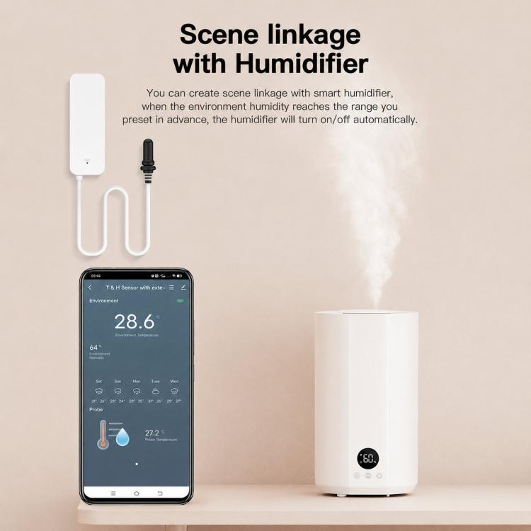No-screen temperature and humidity meter linking with a humidifier, app view on phone