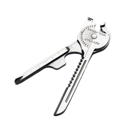 Key-shaped 8-in-1 EDC multitool keychain with ruler, screwdriver, and bottle opener