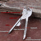 Key-shaped multitool keychain with ruler, screwdriver, bottle opener, sawtooth, and knife