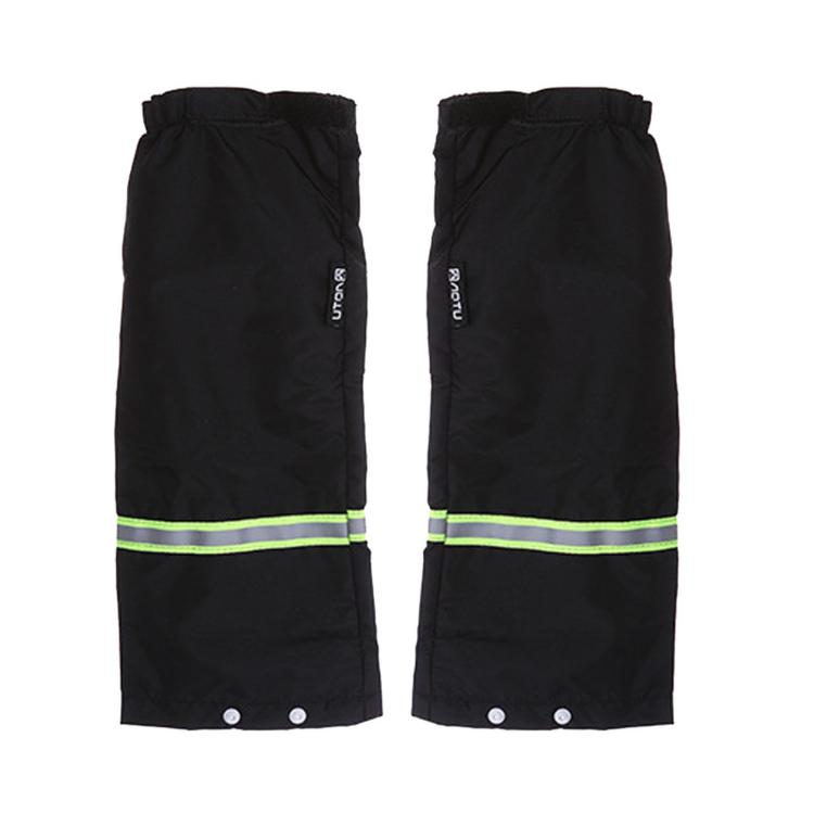 Black waterproof leg gaiters with neon green reflective stripe and snap closures, pair