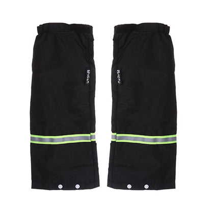 Black waterproof leg gaiters with neon green reflective stripe and snap closures, pair