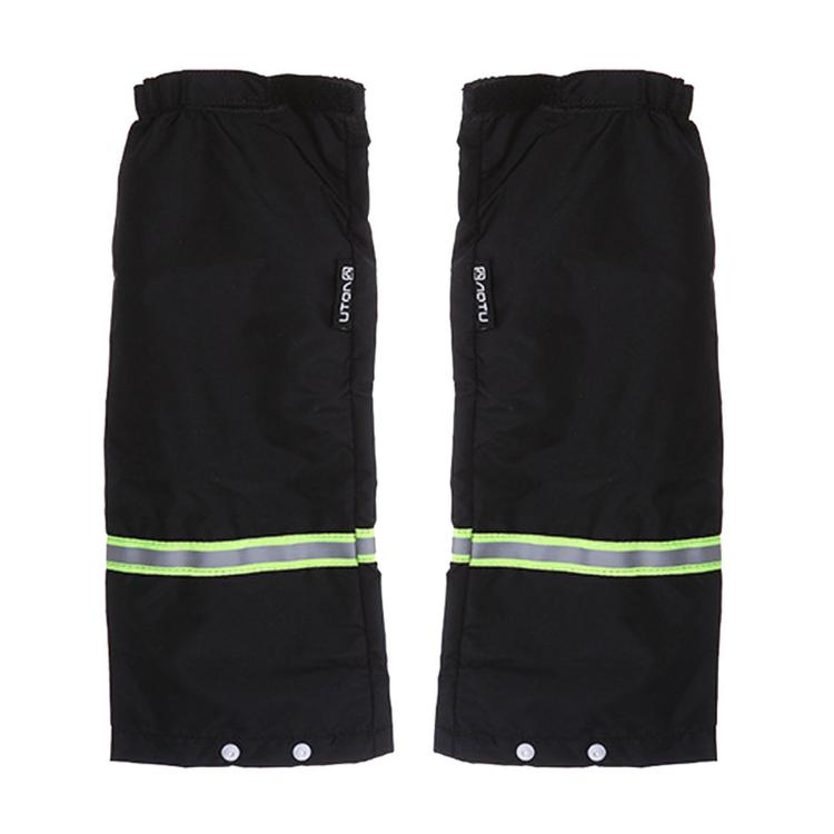 Black waterproof boot covers with neon green reflective stripe, adjustable fit pair