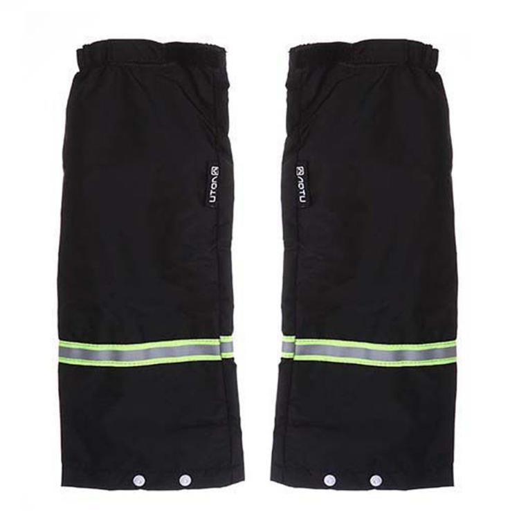 Black waterproof leg sleeves with neon green reflective band and snap button base, pair