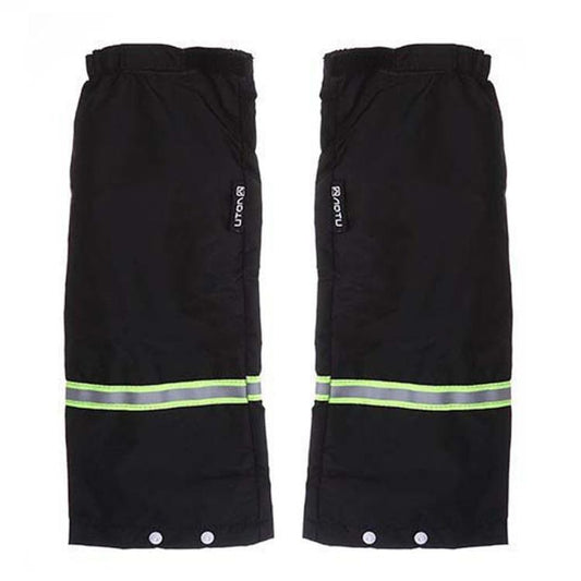 Black waterproof leg sleeves with neon green reflective band and snap button base, pair